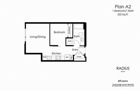 Floor plan for 1 bed, 1 bath, 587 sqft